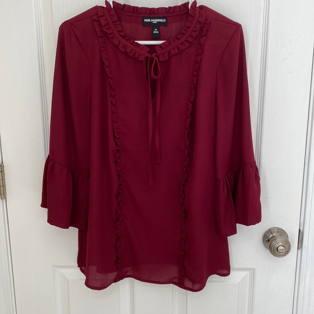 EUC Karl Lagerfeld Paris Ruffled Maroon Burgundy Blouse M